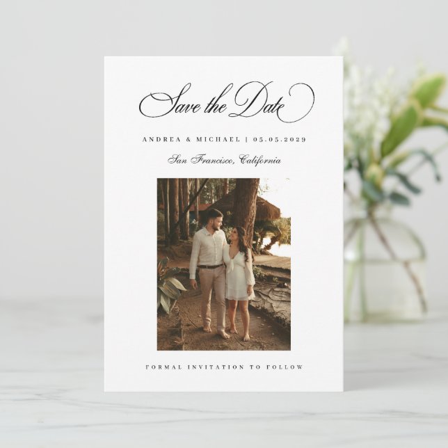 Klassisches Skript Minimal Foto 2026 Hochzeit Save The Date (Stehend Vorderseite)