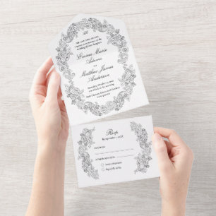 Klassisches Skript Schwarz-Weiß-Gotisch-Hochzeit All In One Einladung