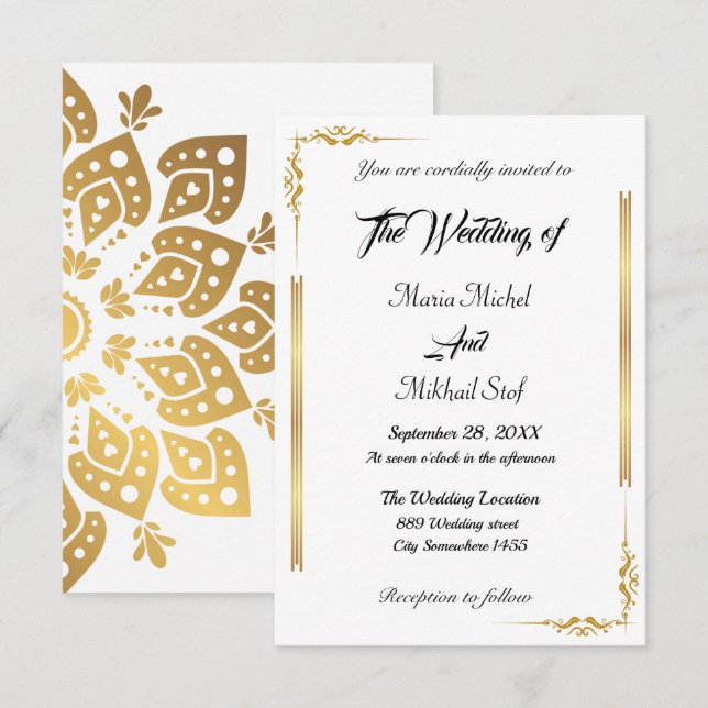 Klassisches Skript und Eastern Gold Motif Einladung (Vorne/Hinten)