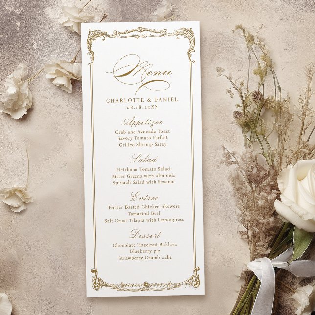 Klassisches Skriptmenü mit Vintagem Rahmen Menükarte (Gold Vintage Frame Classic Script Wedding Menu)