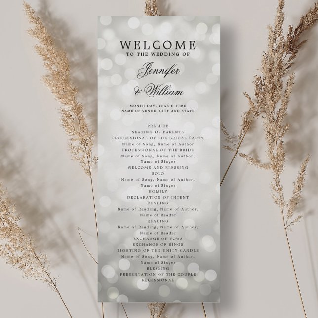 Klassisches SkriptWedding-Programm Silver Bokeh Li Einladung (Classic Script Wedding Program Silver Bokeh Lights)