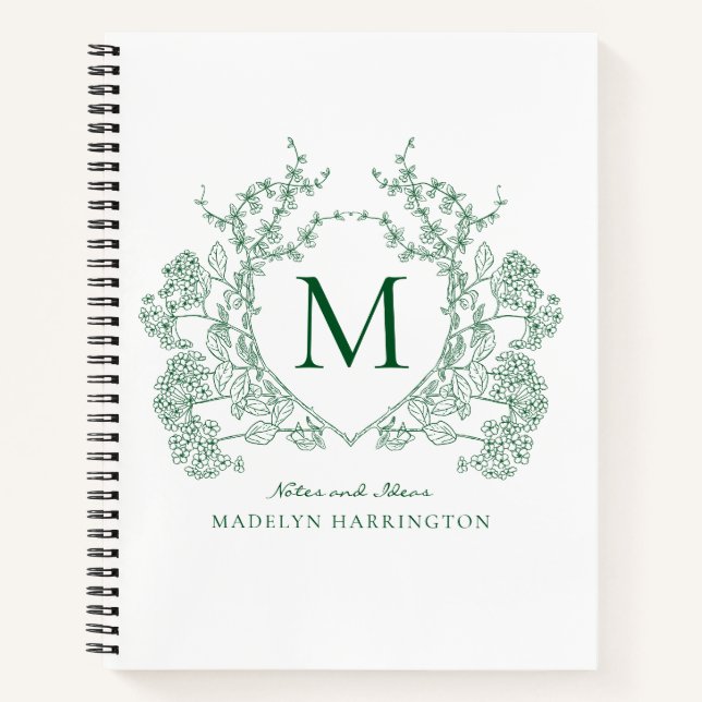 Klassisches Smaragdgrün-Blumenwappen-Monogramm Notizbuch (Vorderseite)