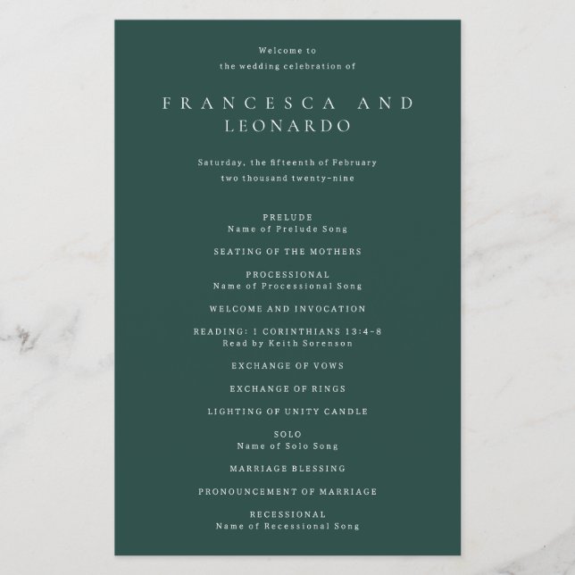 Klassisches Smaragdgrünes Einfaches Hochzeitsprogr Flyer (Vorne)