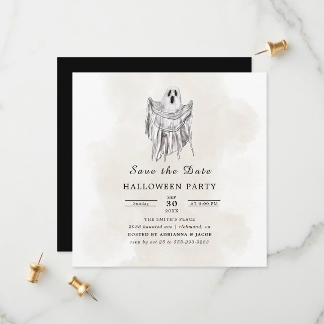 Klassisches Spooky Woods Sheet Ghost Halloween Save The Date (Vorderseite/Rückseite Beispiel)