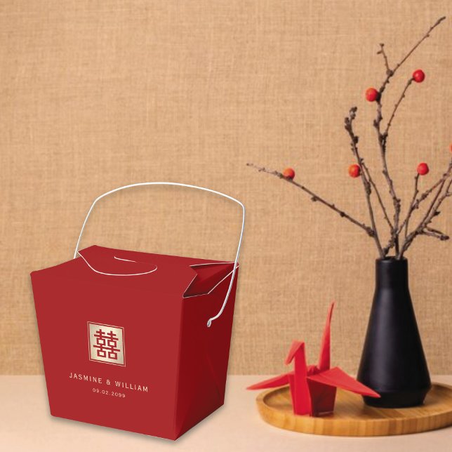 Klassisches Square Doppelglücksspiel Chinesische H Geschenkschachtel (Red/Gold Classic Square Double Happiness Chinese Wedding Party Favor Boxes @ fatfatin_red_knot)