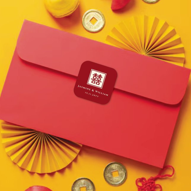 Klassisches Square Doppelglücksspiel Chinesische H Quadratischer Aufkleber (Classic Square Double Happiness Modern Chinese Wedding Party Favor Sticker / Envelope Seal )