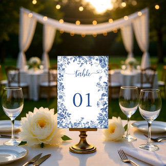 Klassisches Staubblau Toile Blumenhochzeit Tischnummer