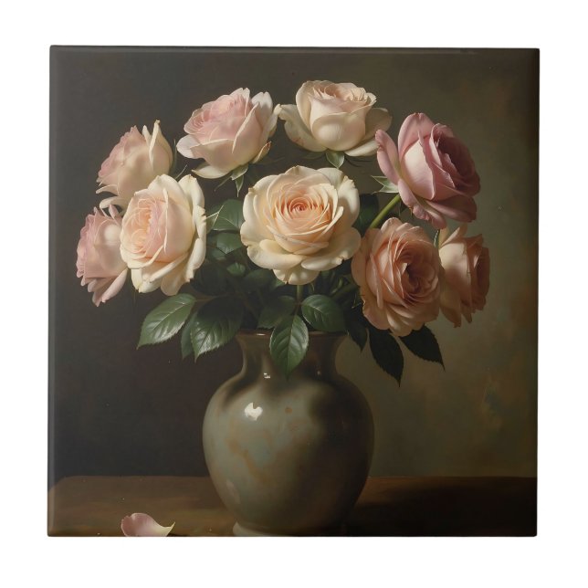 Klassisches Stillleben mit Blush-Rosenstrauß Fliese (Vorderseite)