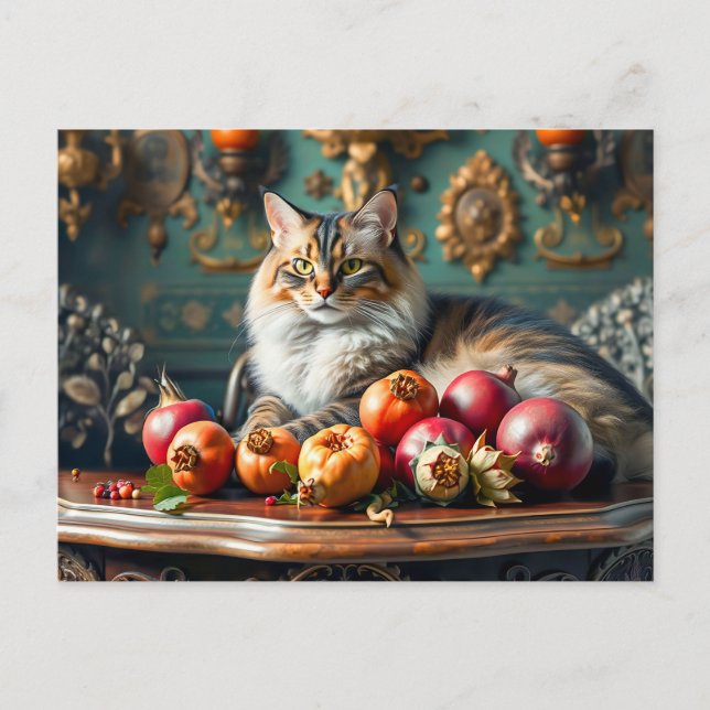 Klassisches Stillleben mit Kat und Obst Postkarte (Vorderseite)