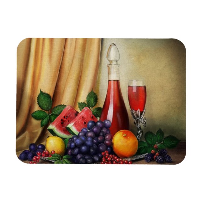 Klassisches Stillleben mit Wein- und Obstmalerei Magnet (Horizontal)