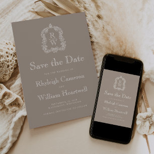 Klassisches Taupe Monogramm-Wappen Schriftzug Save The Date