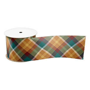 Klassisches Teal Blau Grün Orange Tartan Muster Satinband
