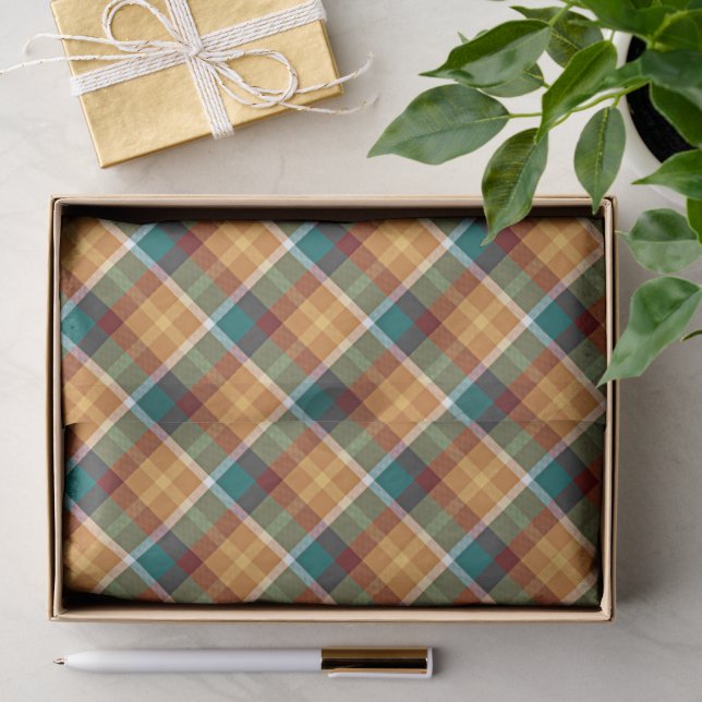 Klassisches Teal Blau Grün Orange Tartan Muster Seidenpapier (Geschenk)