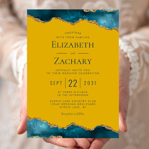 Klassisches Teal Gold Achat Senfgelb Hochzeit Einladung