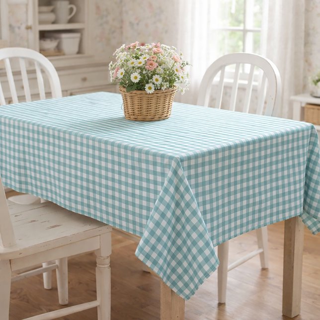 Klassisches Teal-Weiß-Gingham-Muster-Check-Design Tischdecke (A teal and white gingham table cloth.)