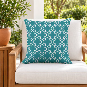 Klassisches Teal-Weiß-Quatrefoil-Gitter Kissen