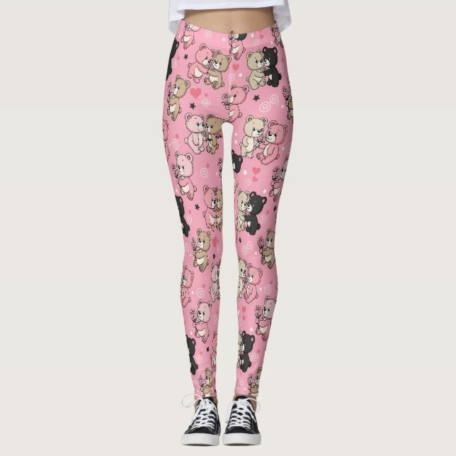 Klassisches Teddybär-Herzen-Muster Leggings (Vorderseite)