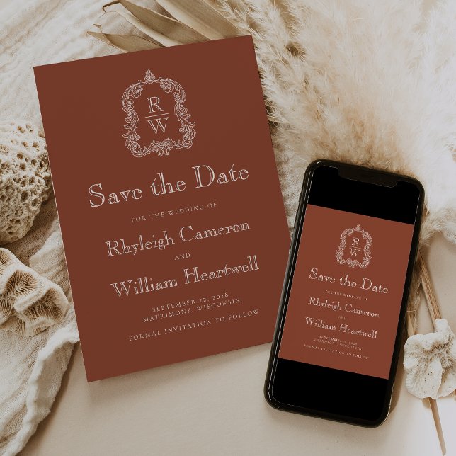 Klassisches Terracotta Monogram Wappen Save The Date (Von Creator hochgeladen)