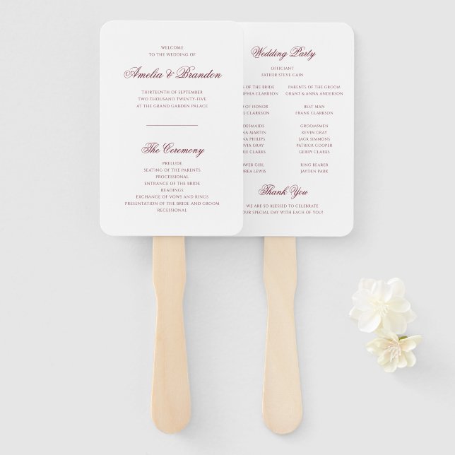 Klassisches tiefes Burgunderrot-Script-Hochzeitspr Fächer (Vorne und Hinten)