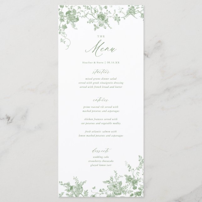 Klassisches Toile Green Floral Wedding Table Menu Menükarte (Vorderseite)