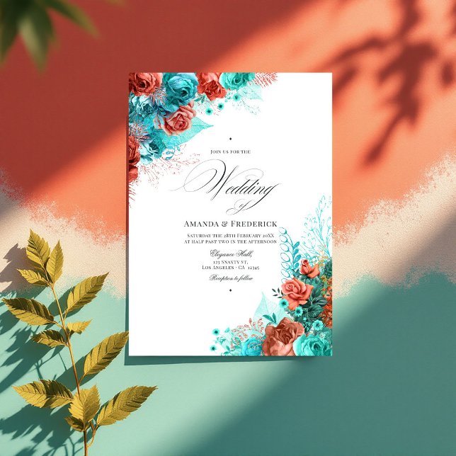 Klassisches türkisfarbenes Foto mit Korallenblumen Einladung (Classic Turquoise and Coral Floral Wedding Photo Invitation)