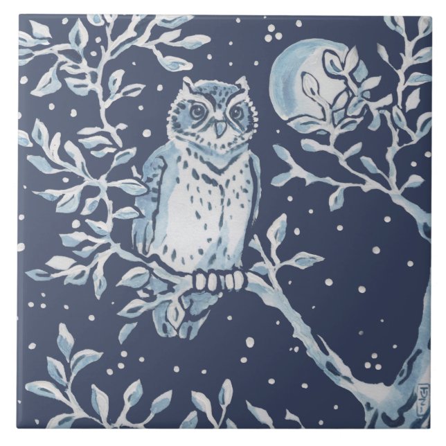 Klassisches Verziertes blaues Owl, Forest Night Ar Fliese (Vorderseite)