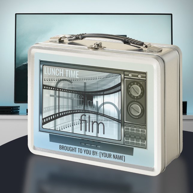 Klassisches Vintag-TV Moderne Filmvorführung Metall Brotdose (Retro style lunch box featuring a vintage tv design with modern movie graphics.)