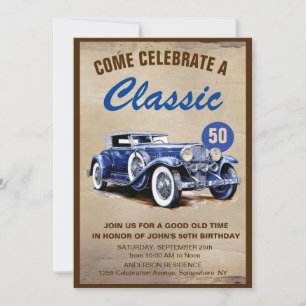 Klassisches Vintage-Blaues Auto Fünfzigster Geburt Einladung