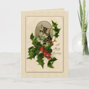Klassisches Vintage-Kitty-und-Stechpalme-Weihnacht Feiertagskarte