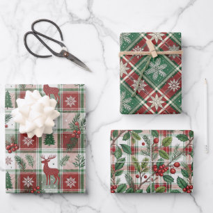 Klassisches Vintage-Weihnachtskariert- und Stechpa Geschenkpapier Set