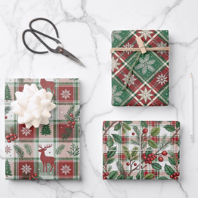 Klassisches Vintage-Weihnachtskariert- und Stechpa Geschenkpapier Set (Vorderseite)