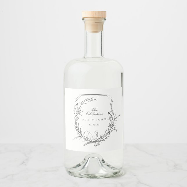 klassisches Vintages botanisches Monogramm-Wappen Alkoholflaschenetikett (Vorderseite)