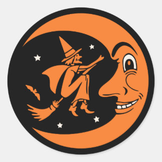 Klassisches Vintages Halloween-Mond und Hexe Runder Aufkleber