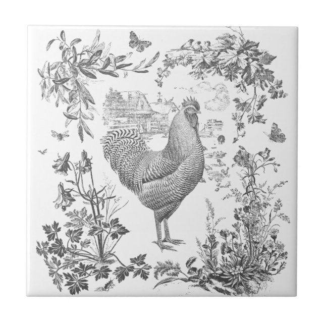 Klassisches Vintages Rooster Gray Floral Toile Fliese (Vorderseite)