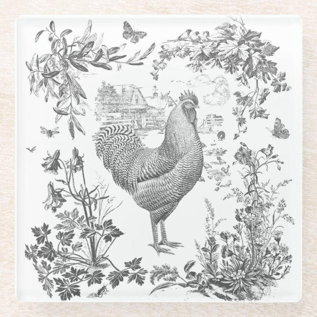Klassisches Vintages Rooster Gray Floral Toile Glasuntersetzer (Vorderseite)