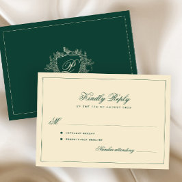 Klassisches Wappen-Monogramm Smaragdgrüne Hochzeit RSVP Karte