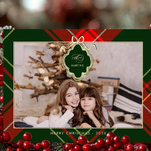 Klassisches Wappen Weihnachten Rotes Grün Karierte Folien Feiertagspostkarte