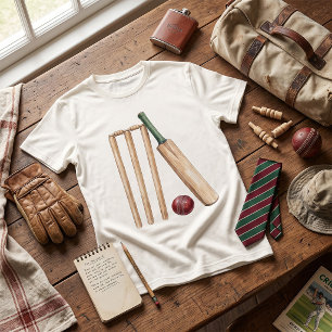 Klassisches Wasserfarb-Kricket-Schläger und -Ball T-Shirt