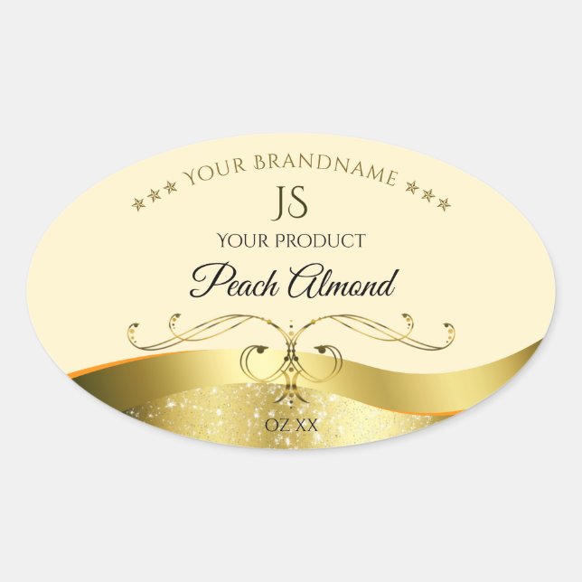 Klassisches Wavy Gold Dekor, helles Peach Monogram Ovaler Aufkleber (Vorderseite)