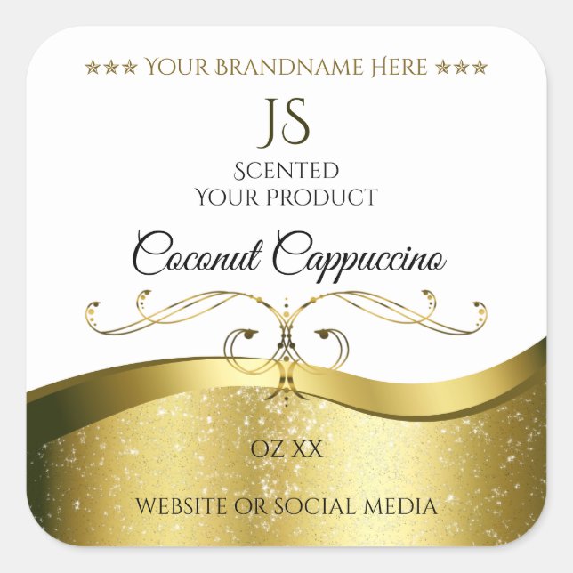 Klassisches Wavy Gold Dekor, helles weißes Monogra Quadratischer Aufkleber (Vorderseite)