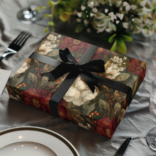 Klassisches Weihnachts-Rot-Cream-Winterblumenmuste Geschenkpapier Set