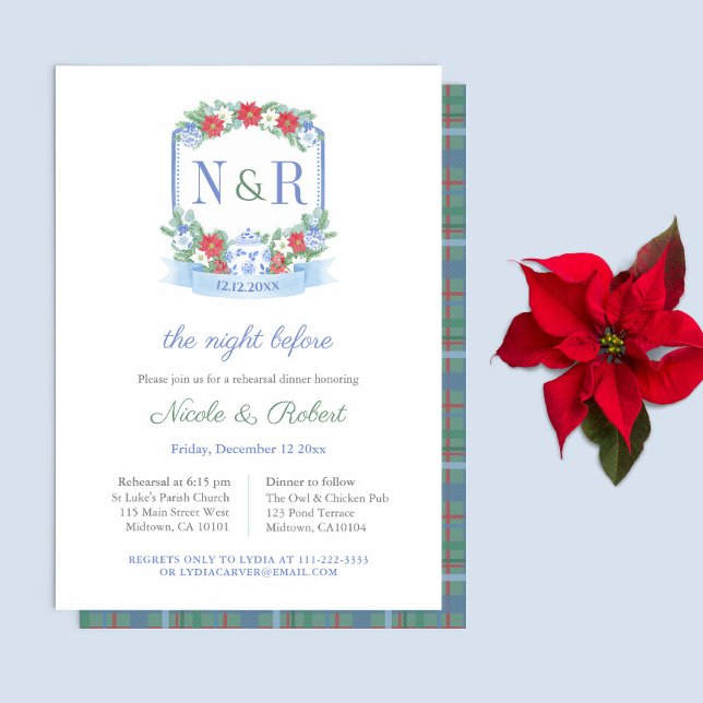 Klassisches Weihnachtsfest-Probe-Dinner Einladung (Wedding welcome or rehearsal dinner invitation for a Christmas Holidays wedding.)