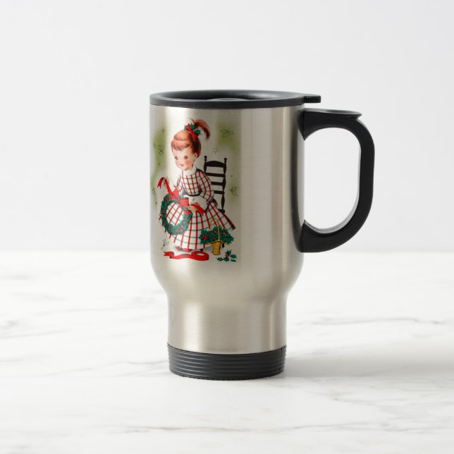 Klassisches Weihnachtskleines Mädchen mit Reisebecher (Rechts)