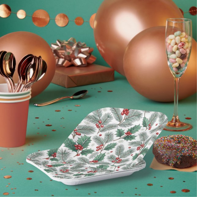 Klassisches Weihnachtsmuster mit Stechpalme und Ki Pappteller (Multi)