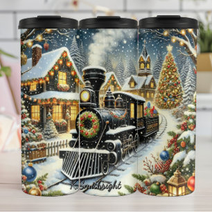 Klassisches Weihnachtstrain-Dorf-Wunderland Thermosbecher