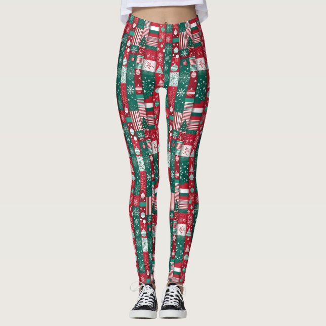 Klassisches Weihnachtswrapping Papier Muster Red G Leggings (Vorderseite)