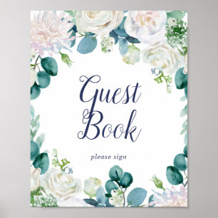 Klassisches weißes Blumen-Gästebuch-Schild Poster