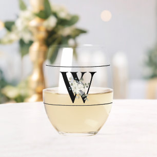 Klassisches weißes Blumendekor Initial W Weinglas Ohne Stiel
