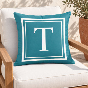 Klassisches weißes Teal-Quadratrahmen-Monogramm Kissen