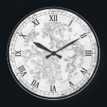 Klassisches weißes und schwarzes BlumenToile Große Wanduhr<br><div class="desc">Klassischer toile mit Blumenentwurf,  der empfindliche schwarze Konturen der Rosen und der Tulpen auf einem transparenten Hintergrund kennzeichnet. (Weiß verwendet in der Probe). Koordinierende römische Ziffern,  schwarze äußere Grenze und weißes undurchsichtiges Band.</div>